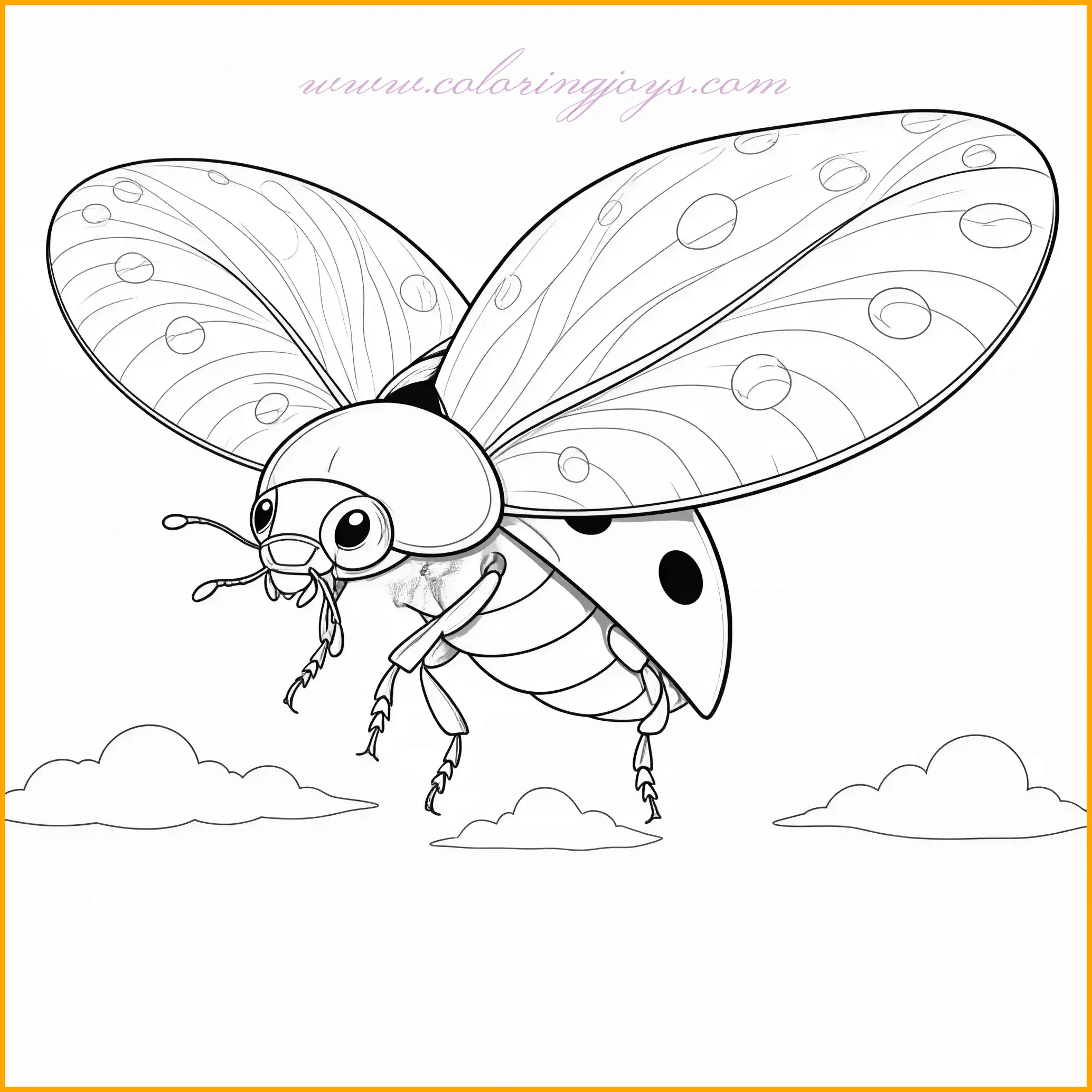 This delightful coloring picture shows a ladybug soaring through the sky, with its wings spread wide and a few fluffy clouds in the background. The open wings reveal the intricate structure of this beautiful insect, making it an engaging subject for coloring. Use bright red and black for the ladybug’s shell and spots, while coloring its wings with a soft, transparent tone to reflect their delicate nature. The sky can be shaded with a gradient of blues, and the clouds should be kept soft and white to balance the composition. Add a warm yellow glow near the edges of the ladybug to suggest sunlight catching its wings.