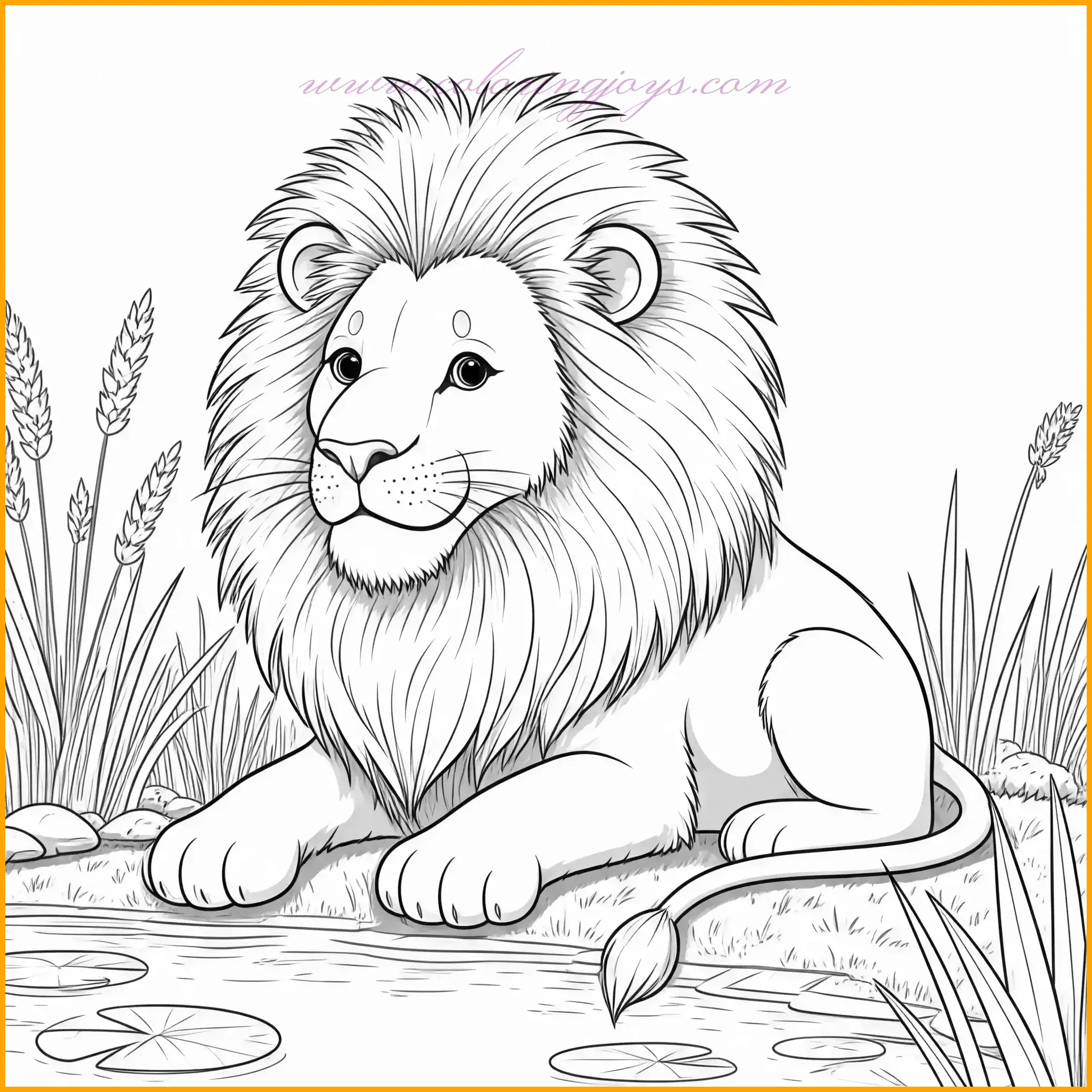 This tranquil coloring page features a lion with a majestic, fluffy mane lying peacefully beside a shimmering pond. The reflection in the water and the calm surroundings offer a serene scene for coloring. Use golden and caramel tones for the lion’s fur and a rich russet brown for its mane. The pond can be shaded in deep blues with lighter highlights to suggest movement, while the grass around it can be colored in various greens. Add a soft sky and hints of wildflowers in purple or yellow for a vibrant, harmonious setting. This is an ideal page for relaxation and creative expression.