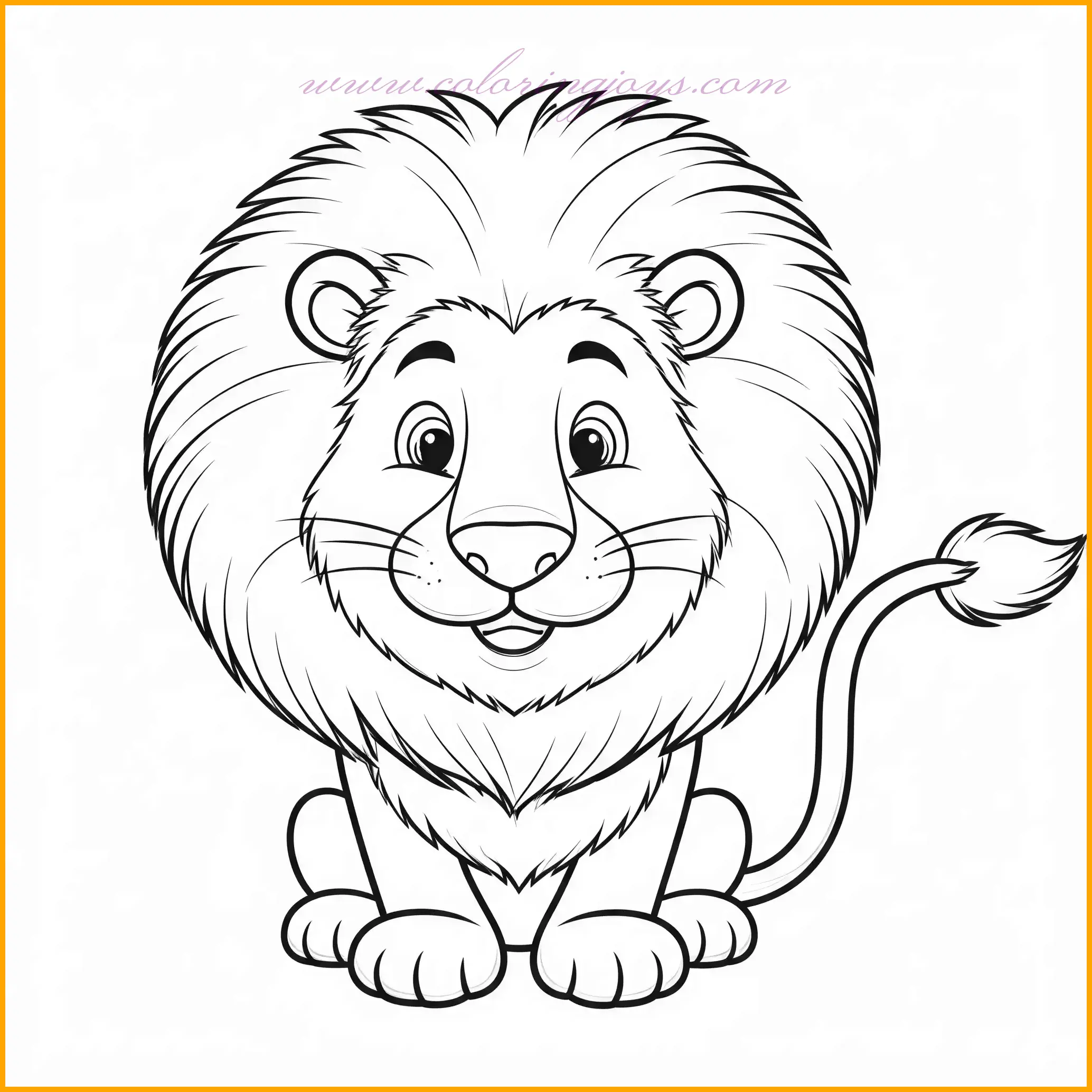 This adorable coloring page depicts a lion with a big, friendly grin, sitting happily with its tail curled around its body. The image exudes warmth and charm, making it a delightful scene to color. Use shades of golden yellow and soft caramel for the lion’s fur, complemented by a dark brown mane. The background can be kept simple with grassy greens and a soft pastel blue sky, or you can add colorful wildflowers to enhance the cheerful mood. This page is perfect for creating a bright and joyful masterpiece.