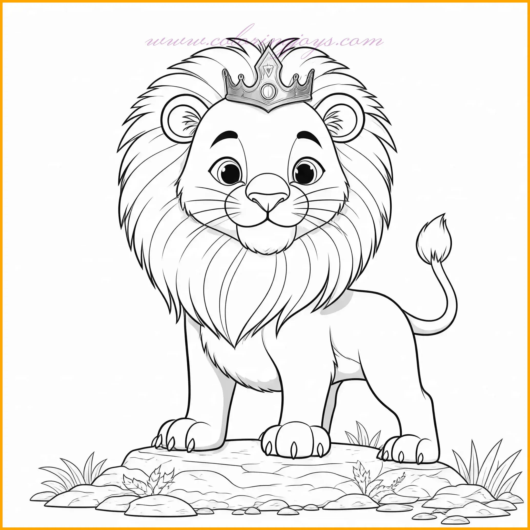 This majestic coloring page features a lion wearing a crown, standing tall on a rock with a confident expression, exuding power and royalty. Use a golden yellow for the lion's body and deep russet for its mane, adding a touch of gold and jewel tones to the crown for a royal look. The rock can be shaded in shades of gray, while the background savanna can be brought to life with warm yellows and greens. Add a soft blue sky or a dramatic sunset for a breathtaking effect. This page is perfect for creating a masterpiece of nobility and strength.