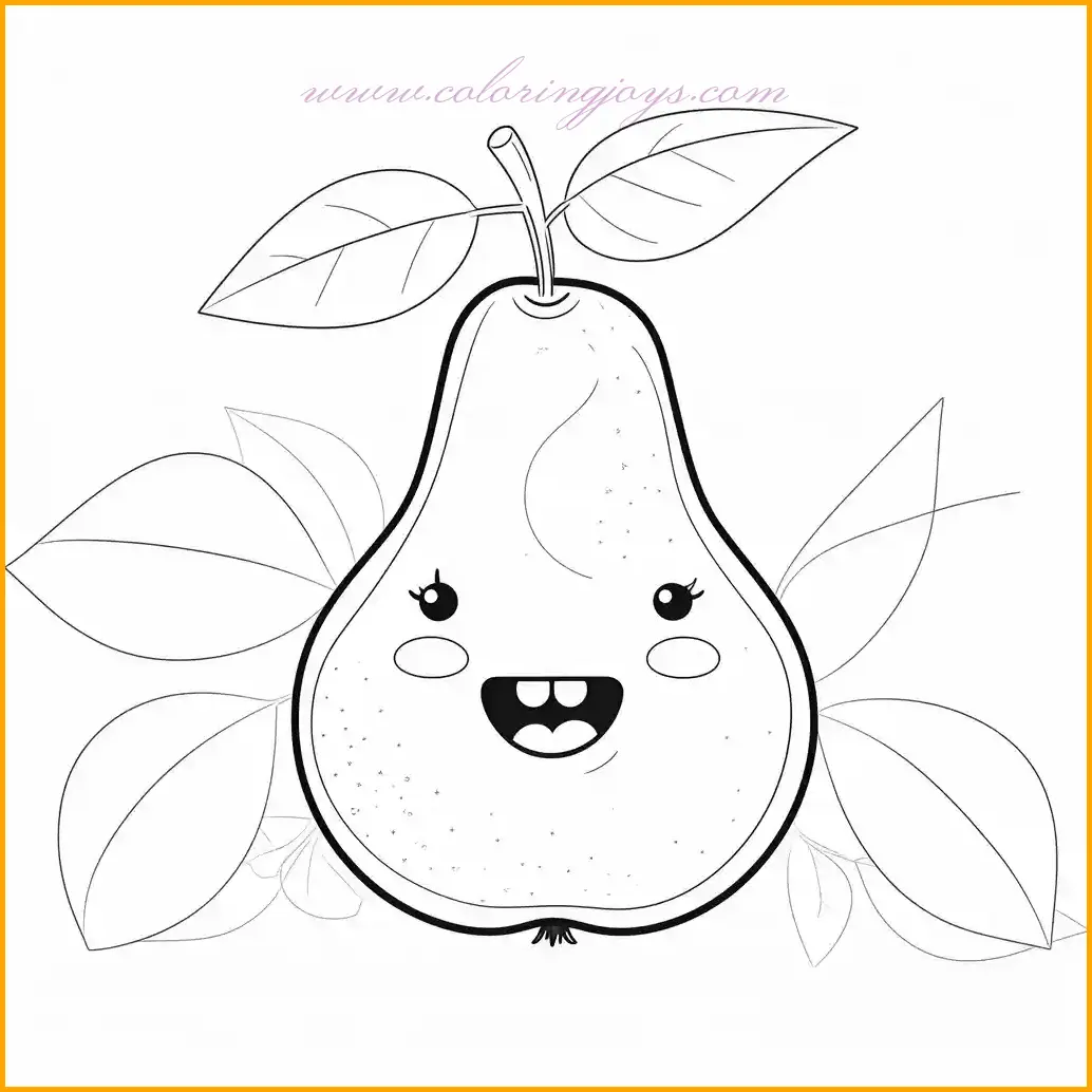 This playful pear with a cheeky grin is surrounded by leaves, ready to come to life with vibrant colors. Use shades of green or golden yellow for the pear, while the surrounding leaves can be colored in a rich green hue. Add some shading to enhance the pear’s three-dimensional appearance and create depth. The background could feature a garden or orchard to complete the scene. This coloring page is perfect for kids to explore their imagination while learning about fruits.