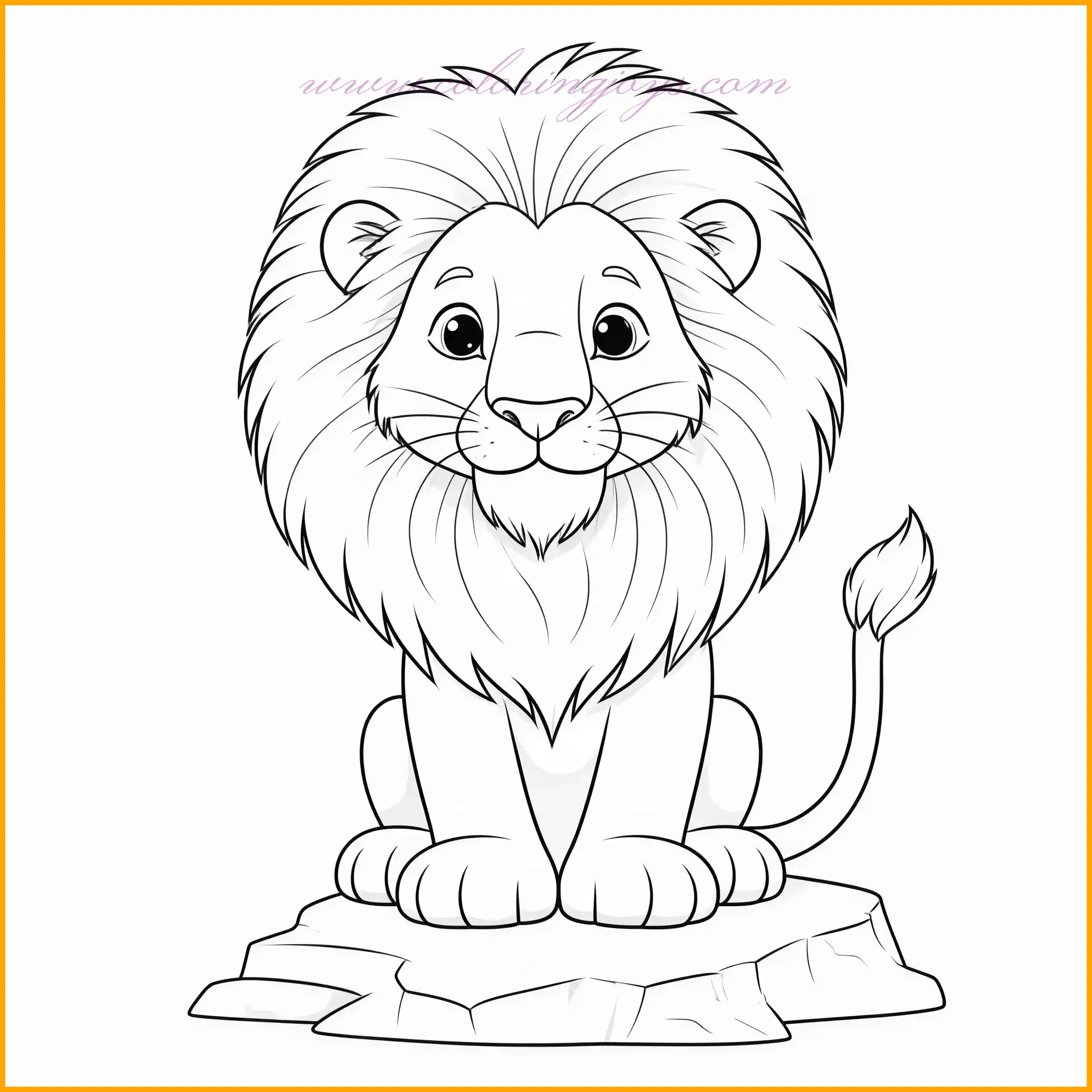 This delightful coloring page features a smiling lion with a fluffy mane perched proudly on a rock, exuding confidence and charm. Use golden tones for the lion’s fur and deep chestnut for its mane. The rock can be shaded in earthy grays, while the surrounding grass can be colored in rich greens. Add a vibrant blue sky with hints of white clouds to complete the scene. This charming illustration is perfect for creating a bright and uplifting masterpiece.