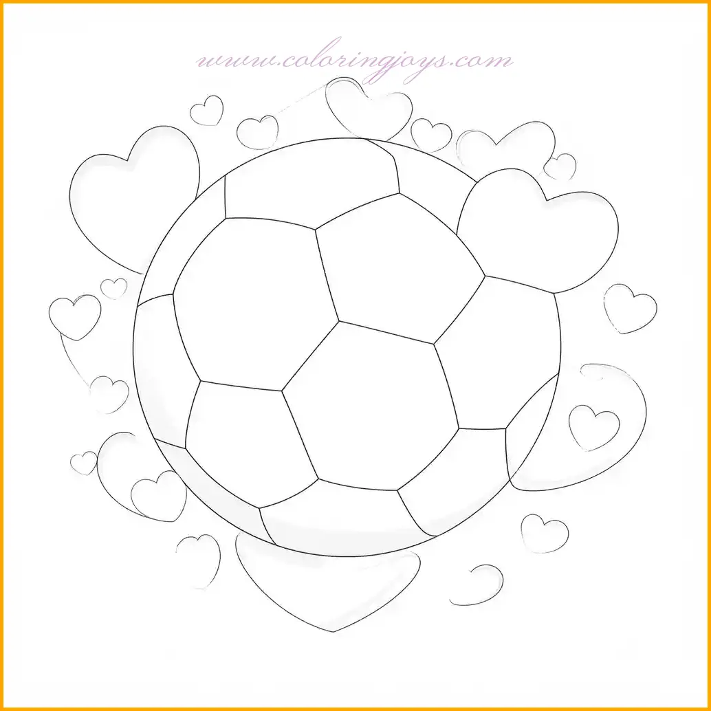 This playful coloring page features a soccer ball surrounded by a circle of hearts, perfect for adding a fun and creative twist to the typical soccer theme. The soccer ball itself is outlined with classic black and white patches, and the hearts around it provide a perfect opportunity to experiment with bold colors like red, pink, and purple. To create a contrast, the soccer ball can be shaded with traditional black and white, or kids can play around with new color combinations for a more imaginative design. This coloring page offers a great chance for children to combine their love for sports with a touch of playful affection.