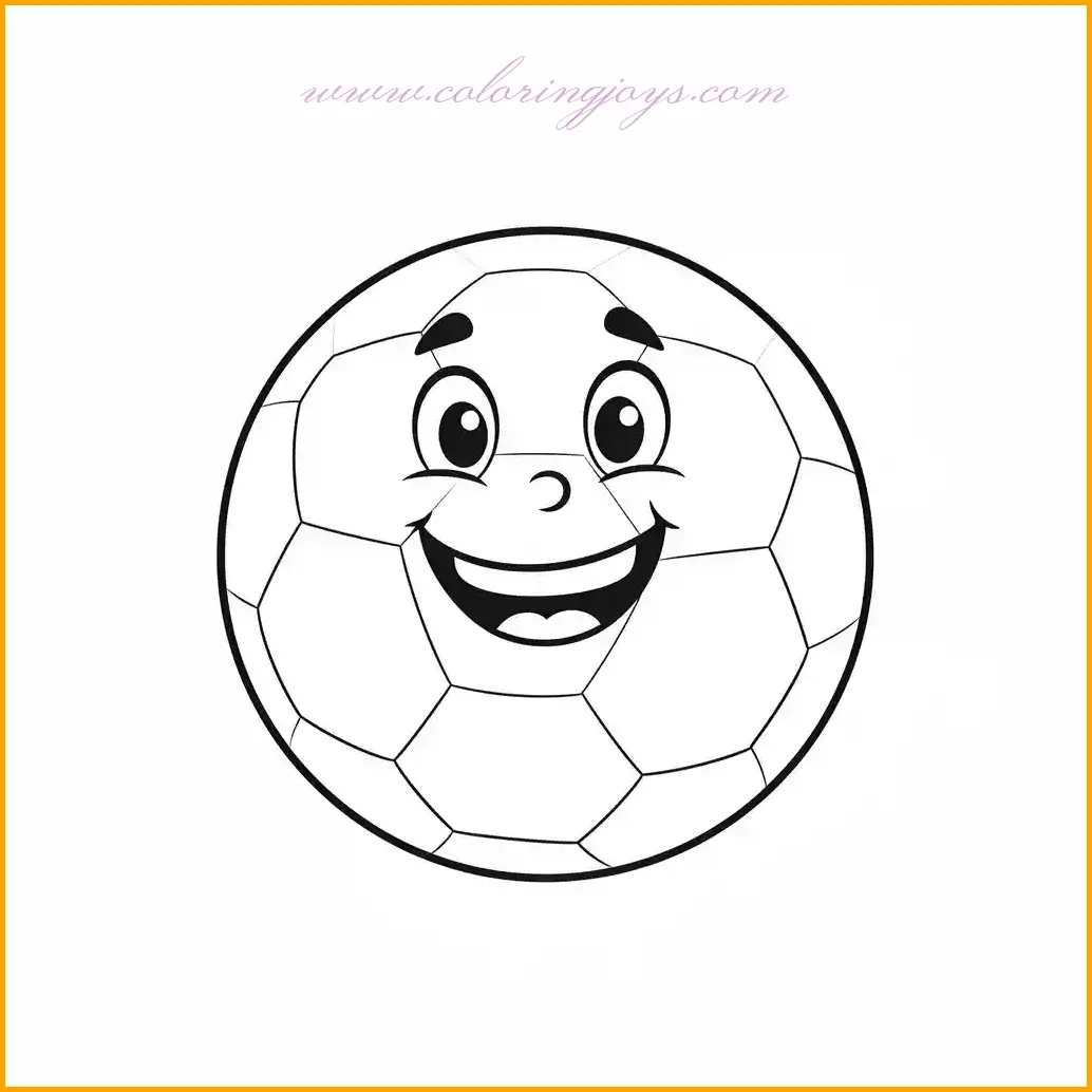 This delightful coloring page features a soccer ball with a cheerful expression, ready to brighten up any child's day. The ball is designed with classic black and white patches, and a large smile and eyes that give it a friendly, cartoonish appearance. Kids can use bright, lively colors to bring this ball to life. The soccer ball’s expression invites young artists to focus on creating a lively and fun atmosphere, using colors that reflect joy and happiness. Experimenting with different tones for the ball's eyes and smile will add personality and charm to this playful image.
