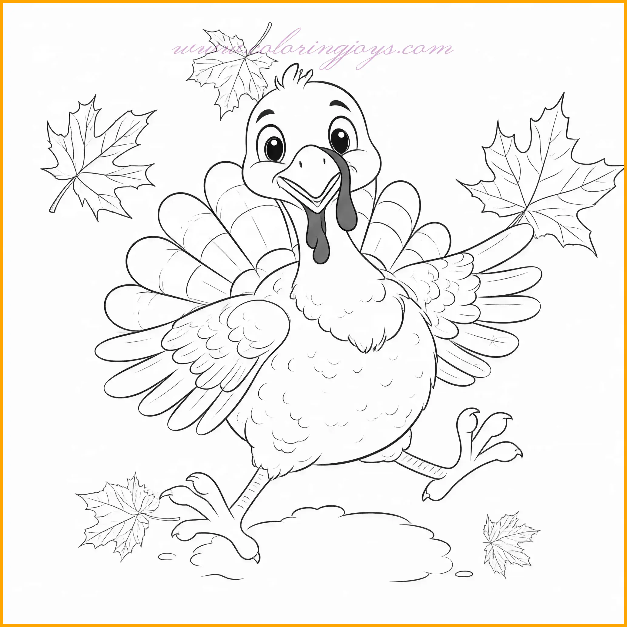This playful coloring page captures a turkey with a silly expression, joyfully jumping among a flurry of autumn leaves. The turkey’s body can be shaded in warm brown tones, with its feathers in bright yellows, reds, and oranges to create a lively, festive look. The falling leaves can be colored in a variety of autumn shades, such as fiery red, golden yellow, and burnt orange, to add movement and vibrancy to the scene. A pale blue or warm golden background can enhance the cheerful energy of the turkey’s jump, making it a fun activity for creative coloring enthusiasts.
