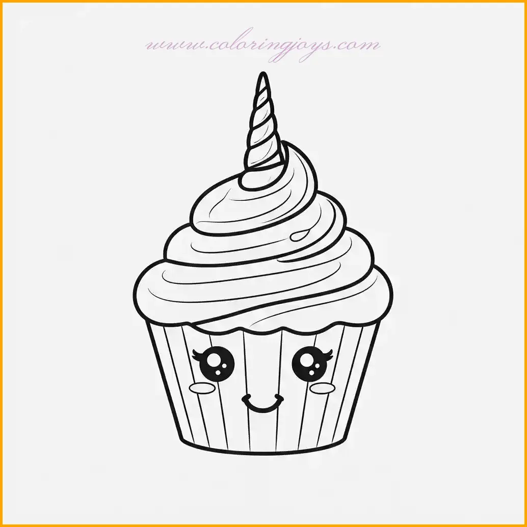 This adorable unicorn cupcake features a glowing horn and an endearing face, making it a joy to color. Use bright yellow or gold to create a glowing effect for the horn, and blend white with soft pinks for the cheeks to highlight the cute expression. Add sparkling details around the horn for a magical aura. For the frosting, consider a combination of bold colors like teal and fuchsia to make it stand out. This page invites both young artists and seasoned colorists to bring out their best creativity.
