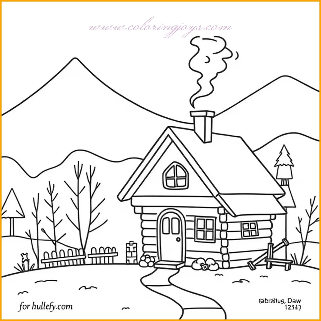 This image showcases a cozy cabin nestled in a quiet village, with smoke gently wafting from the chimney, signaling a warm fire inside. Surrounded by greenery and a few scattered trees, the scene exudes tranquility. For coloring, you can use soft browns and reds for the cabin, with grayish-white smoke curling up into the sky. Add shades of green for the trees and shrubs, and a gradient blue for the sky to emphasize the peaceful atmosphere. The overall feel of this coloring page is warm and inviting, perfect for creating a calming art piece.