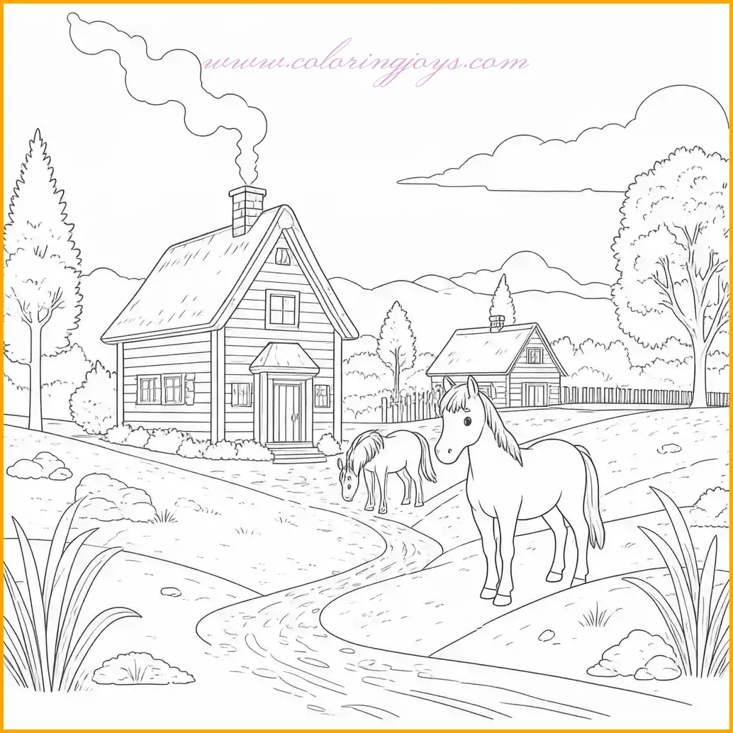 This delightful village coloring page presents a peaceful scene with a few horses grazing near a charming farmhouse. The farmhouse, surrounded by open fields and distant trees, reflects the calm of rural life. Use soft browns for the horses to bring them to life, and add a mix of green and yellow for the grass to represent sunlit pastures. The farmhouse can be colored with earthy tones, and the trees in the background can showcase various shades of green. This coloring page is perfect for capturing the serenity of village life, making it a favorite for both children and adults.