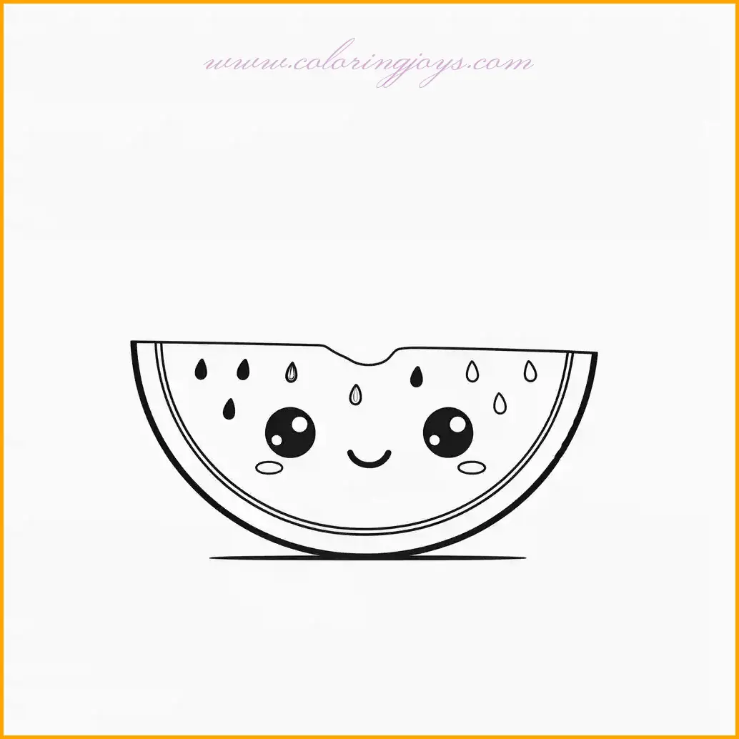 This playful fruit coloring page showcases a whole watermelon with a big smiling face, surrounded by tiny seeds. The watermelon’s round body can be colored in deep green with lighter stripes, and the seeds can be shaded in black for contrast. Kids can add a creative background featuring a picnic or a sunny day in a garden. This watermelon coloring page is perfect for young artists to experiment with colors while enjoying the fun expressions of this cheerful fruit.