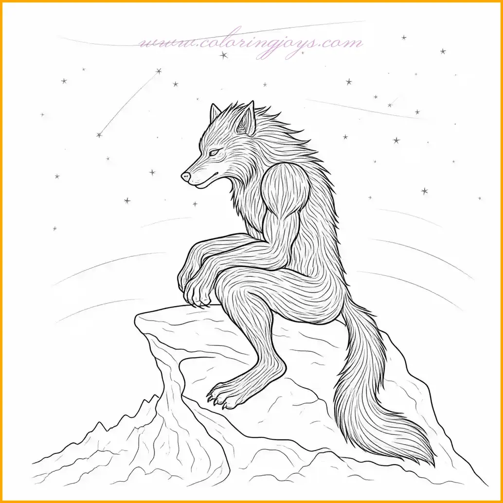 A werewolf sits peacefully on a rock, gazing at the stars. This drawing offers a beautiful mix of calm and mystery. Use warm grays for the werewolf's fur and earthy tones for the rock. The night sky can be a canvas of deep blues with white or yellow stars scattered across. Add a faint glow around the werewolf to create a magical, serene effect. This page invites you to blend relaxation with artistic expression.