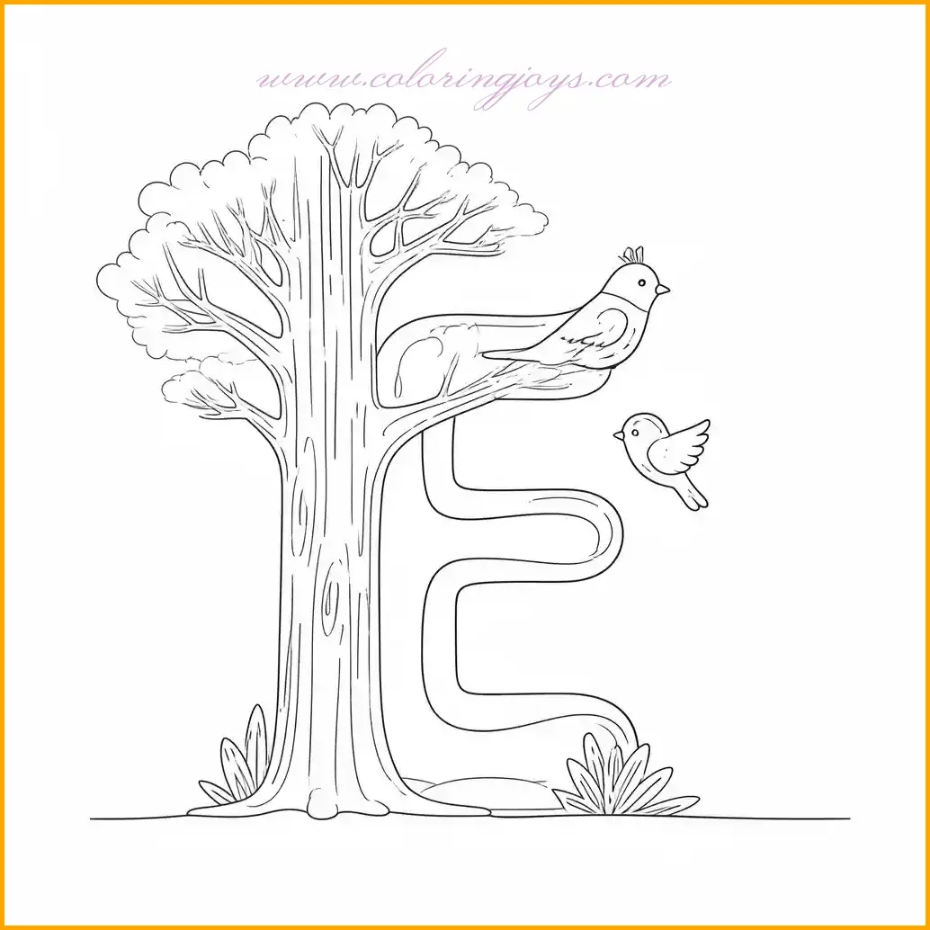 This worksheet features the letter E surrounded by a tree with a bird gracefully perched on one of its branches. The design invites creativity as children can use green for the tree leaves, brown for the trunk, and bright colors for the bird to bring it to life. The bold, clear outline of the letter E makes it an excellent focus for young learners to practice coloring neatly while identifying the letter. Encourage kids to experiment with patterns on the bird or add extra elements like a sunny sky or flowers around the tree for a personalized touch. This activity is perfect for improving motor skills and fostering a love for learning letters.