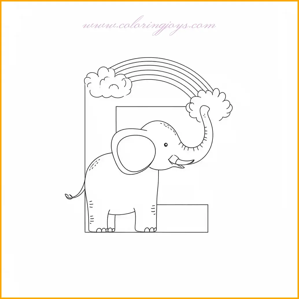This charming worksheet features the letter E alongside an adorable elephant and a vibrant rainbow. Kids can color the elephant in classic gray or add their creative flair with fun patterns. The rainbow offers an opportunity to practice color sequencing with shades of red, orange, yellow, green, blue, and violet. The bold design of the letter E allows children to color it in their favorite shade or even decorate it with dots and stripes. This page is an engaging way to connect the letter E with fun objects, enhancing letter recognition while sparking creativity.