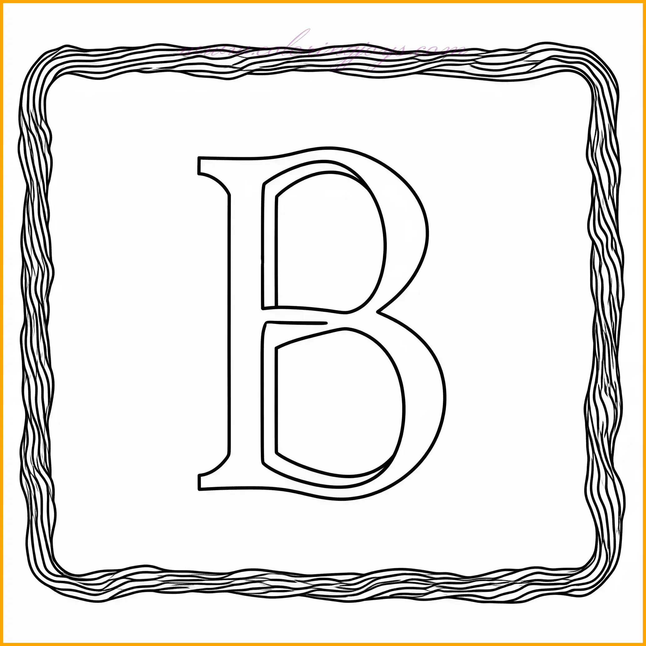 This minimalist coloring page highlights the letter B surrounded by elegant abstract lines and curves, creating a modern and sophisticated look. The clean design invites creative interpretation, with options to use a gradient palette for the abstract elements or even metallic tones for a futuristic effect. The letter B can be filled with a solid color or decorated with patterns to complement the frame. This activity is ideal for both young learners and older kids seeking a creative challenge.