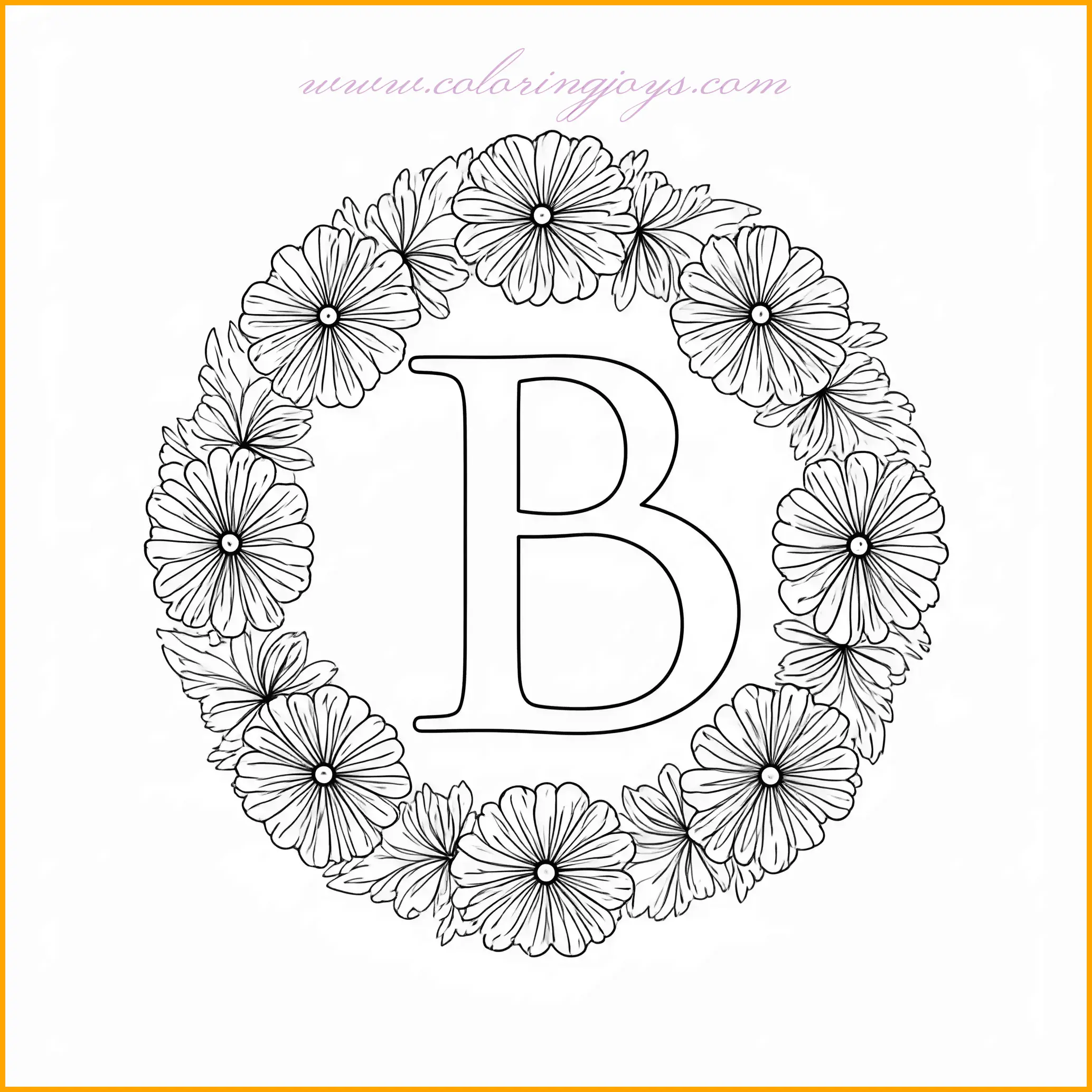 This coloring page showcases the letter B encircled by a delicate wreath of flowers, creating an elegant and serene design. The flowers can be colored in a variety of shades, from soft pastels to vibrant hues, while the leaves can add a touch of green for contrast. Adding details like shading or highlights to the petals will give the wreath a lifelike appearance. The letter B can be filled with a bold or complementary color to complete the composition. This page is perfect for creating a visually pleasing piece while practicing alphabet recognition.