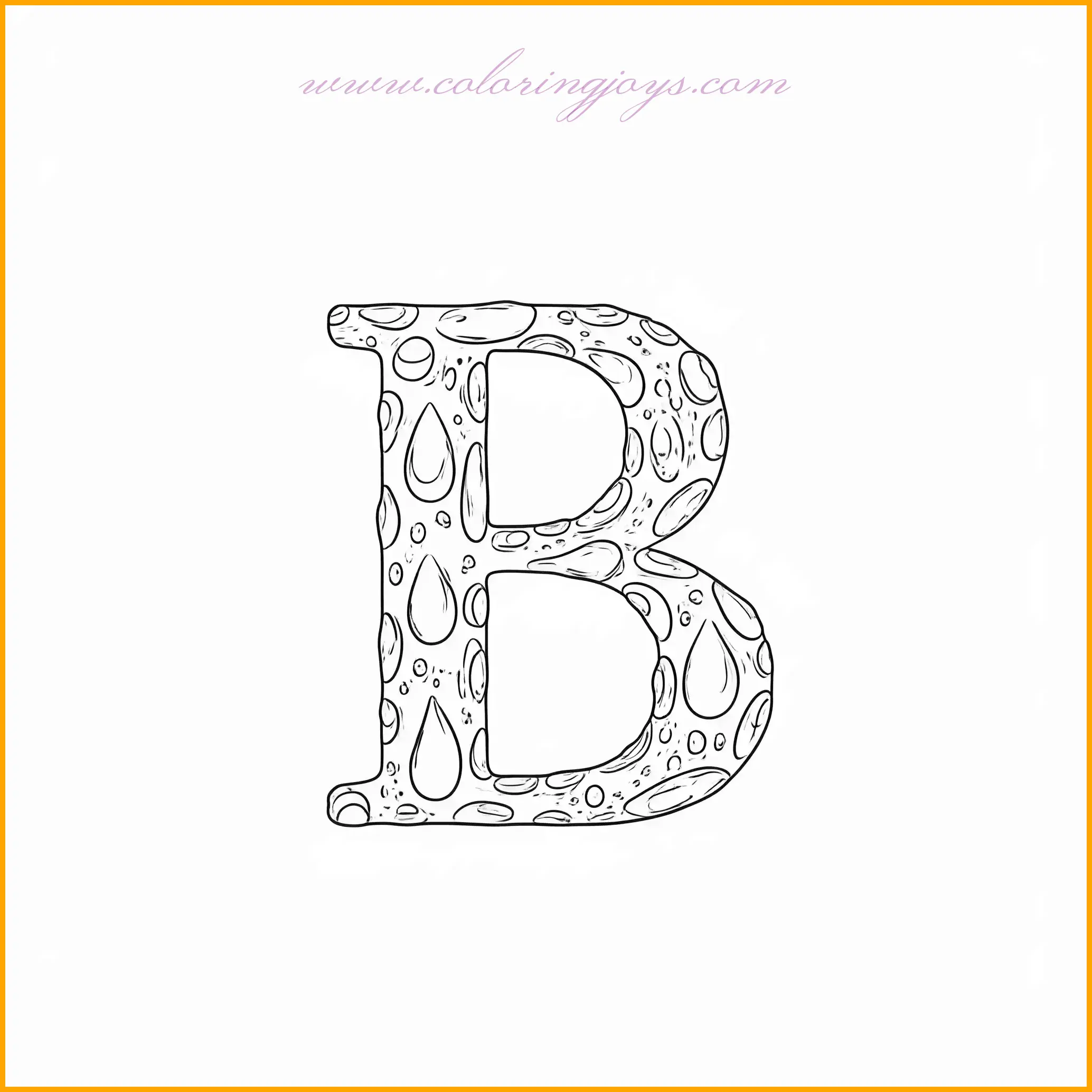 This coloring page features the letter B beautifully decorated with a pattern of water droplets, creating a refreshing and calming theme. The droplets can be shaded in various shades of blue, from light aqua to deep navy, to give them a realistic, glistening effect. Adding highlights to the droplets can enhance their 3D appearance. The letter B itself can be colored in contrasting tones like warm yellows or greens to complement the coolness of the water droplets. This design is both soothing and creative for young learners.