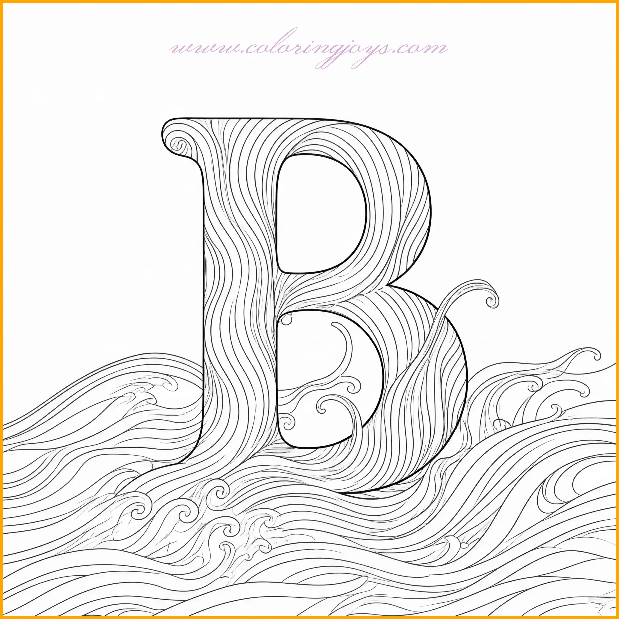 This dynamic coloring page showcases the letter B with a flowing wave pattern, symbolizing movement and energy. The waves can be filled with various shades of blue and white, incorporating swirls or highlights to mimic the motion of water. The letter B can stand out in bold colors like red or yellow or harmonize with the wave theme in softer pastel shades. This page is perfect for exploring fluid, organic designs while practicing alphabet recognition.