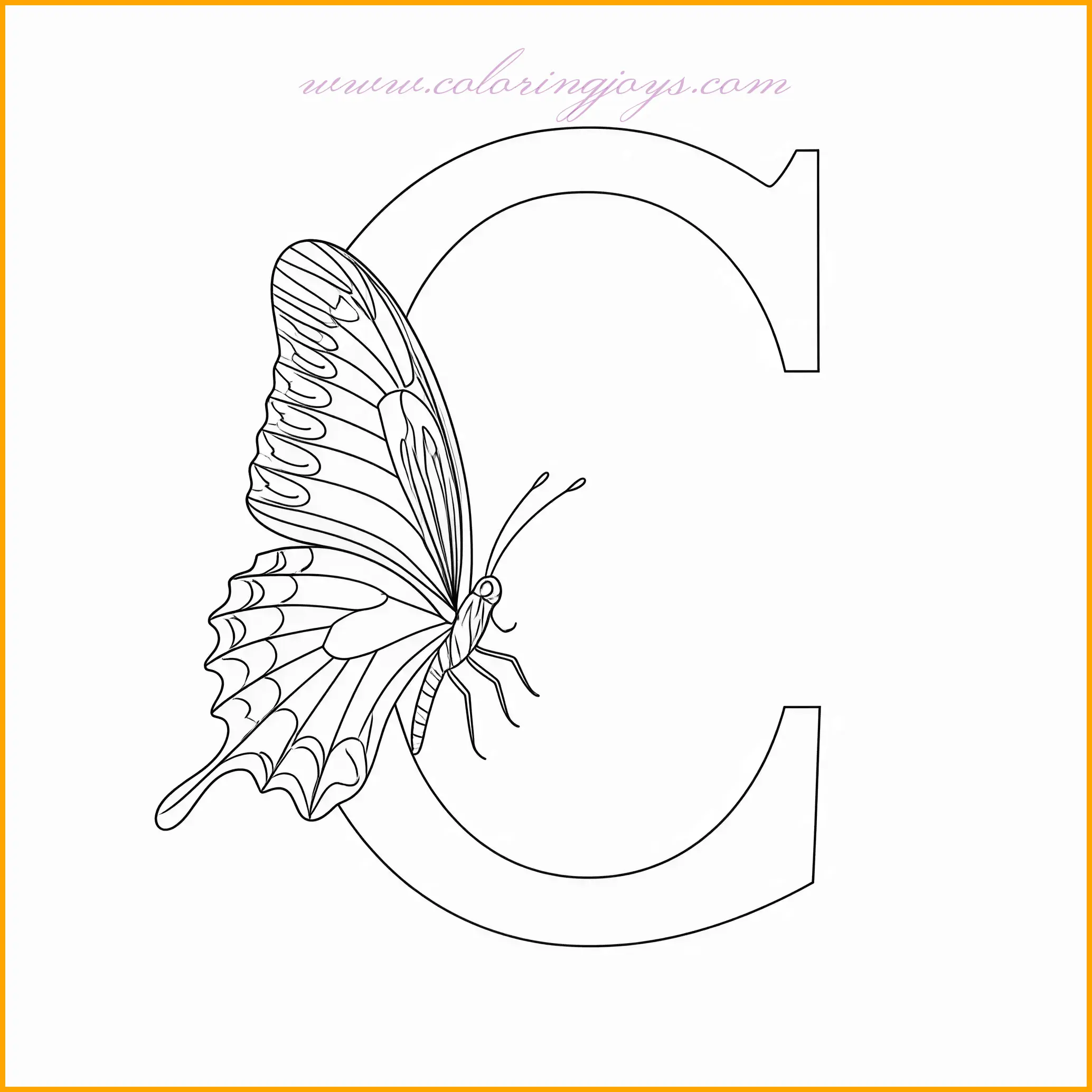 This page features the letter C with a delicate butterfly resting on its edge. Children can use soft, pastel shades for the butterfly and bright, solid colors for the letter to make it stand out. This "C Coloring Pages" activity fosters an appreciation for nature and fine detail in coloring.