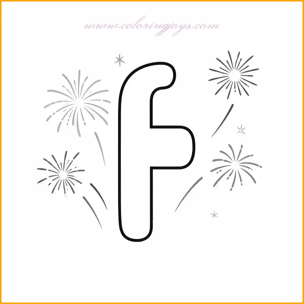 Celebrate the letter F with this dynamic coloring worksheet, where it is surrounded by dazzling fireworks. Use bold, vibrant colors like red, blue, and gold for the fireworks to create an explosive and festive atmosphere. The letter F can be shaded in a matching theme to blend with the celebration. Add a night sky background in deep navy or black to make the fireworks pop. This activity is perfect for engaging kids in learning letters with a fun and energetic twist.