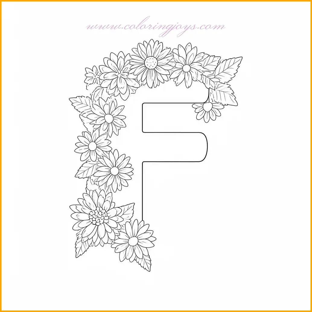 This delightful coloring worksheet places the letter F amidst a field of blooming flowers. Use bright and cheerful colors like pink, red, and yellow for the petals, and green for the leaves and stems. Shade the letter F in a contrasting tone such as purple or blue to make it stand out. The background can include a sunny sky or gentle hills to complete the scene. This worksheet offers a perfect mix of nature and learning, encouraging creativity and letter recognition.