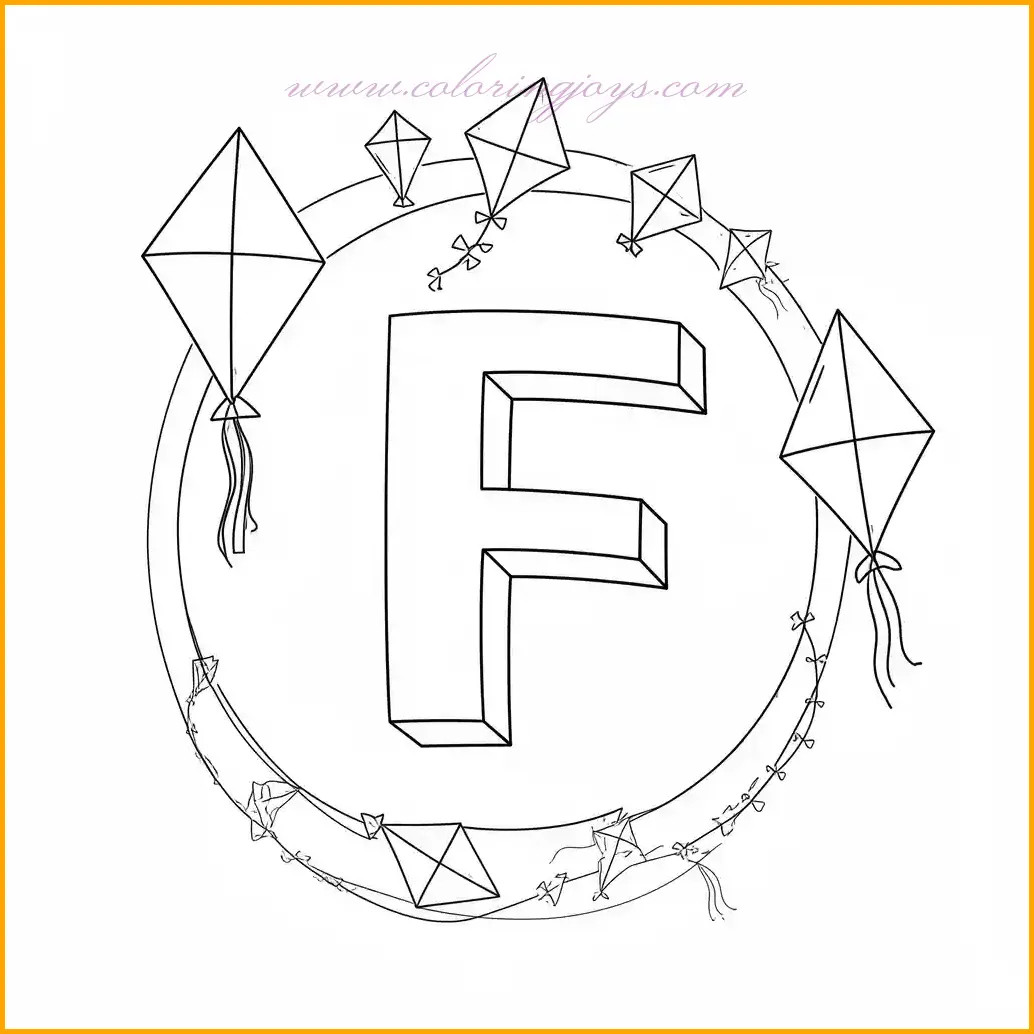 Let kids enjoy a breezy day with this letter F coloring worksheet surrounded by colorful flying kites. Use bold shades like red, orange, and blue for the kites, and add unique patterns such as stripes, dots, or stars to each one. The letter F can be shaded in a vibrant green or yellow, blending perfectly with the scene. Enhance the background with a clear blue sky and fluffy clouds to evoke the feeling of a sunny outdoor adventure. A wonderful way to make letter learning exciting and dynamic!