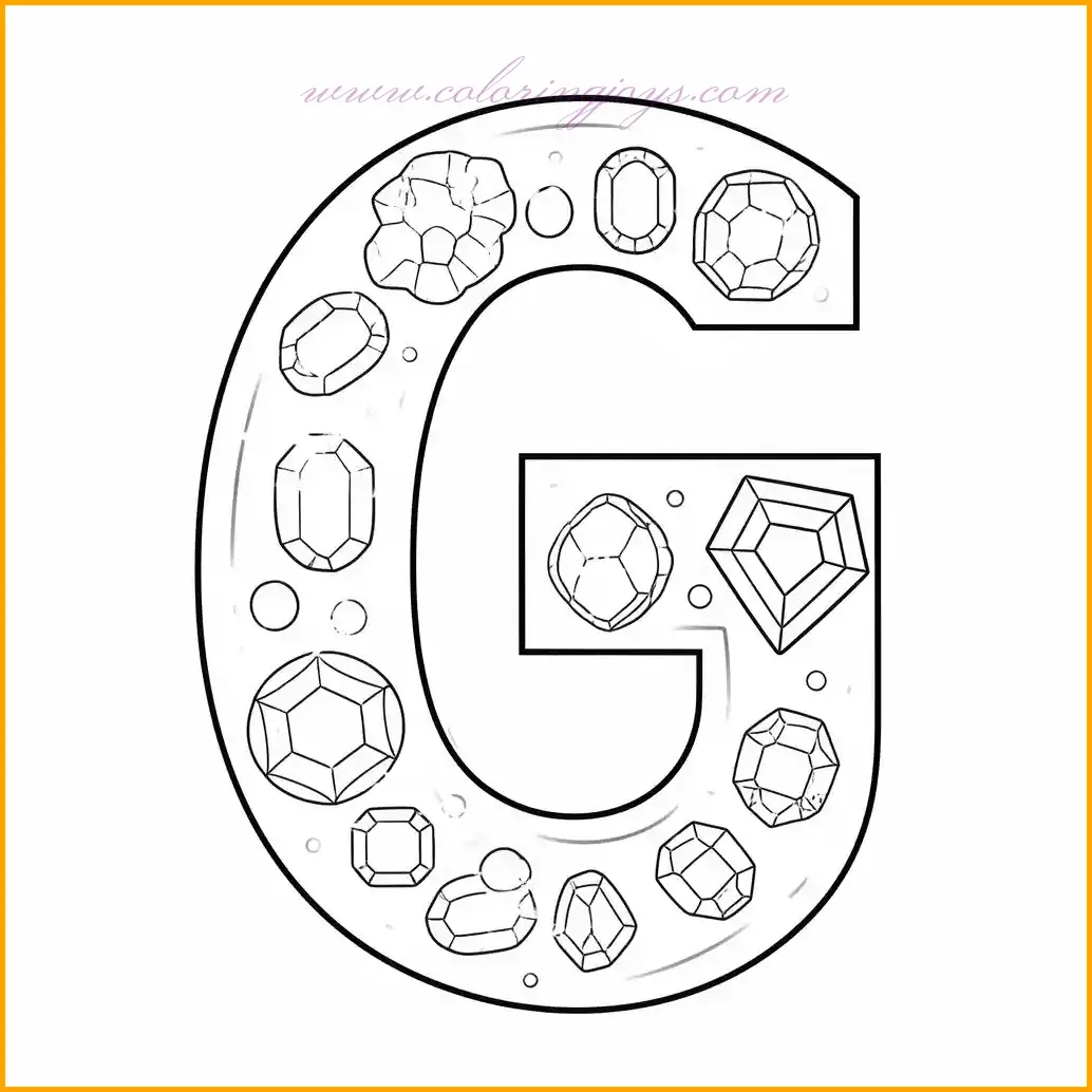 This dazzling Letter G coloring worksheet features the letter adorned with glowing gems and magical sparkles, making it a delightful image to color. Children can use vibrant shades like ruby red, emerald green, and sapphire blue to bring the gems to life. The sparkles surrounding the letter can be highlighted with golden or silver accents for a magical effect. Encourage kids to add their own creative flair by drawing additional sparkles or jewels around the letter. This worksheet not only helps improve fine motor skills but also makes learning the alphabet fun and engaging.