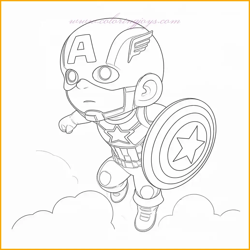 This captivating coloring page features Captain America soaring through the sky with his iconic shield. The image captures the superhero in mid-flight, surrounded by a dynamic sky filled with fluffy clouds. Kids can color Captain America's classic red, white, and blue costume with vibrant shades, emphasizing his star-spangled shield. Add a gradient blue to the sky and soft white for the clouds to create a breathtaking backdrop. This page encourages creativity while bringing this iconic Marvel hero to life.