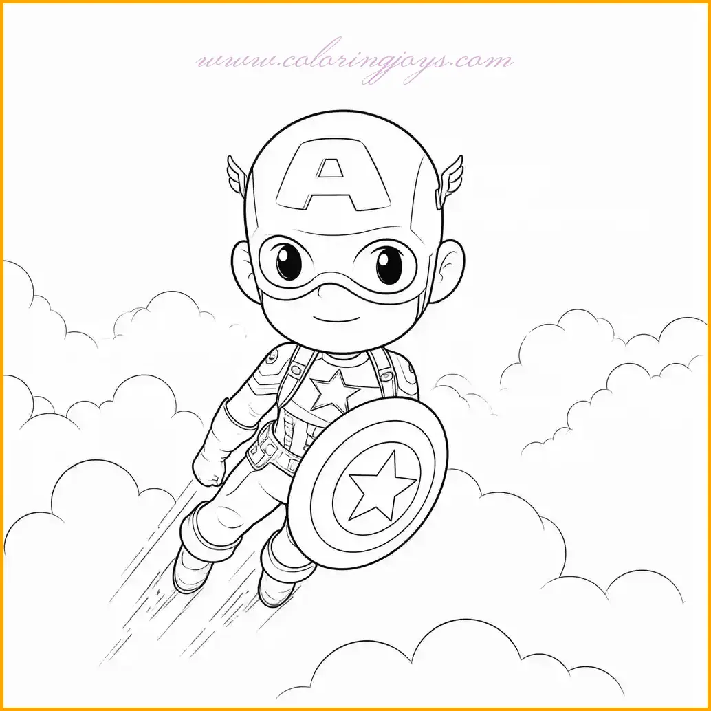 In this heroic scene, Captain America is depicted flying through a sea of billowing clouds, his shield raised high. This coloring page offers an opportunity to explore shading techniques, blending white and gray for the clouds while focusing on Captain America's vibrant costume. Use bold colors like deep red and navy blue for his outfit, and a shining silver for his shield's edges. This page invites fans to create a dynamic, action-packed masterpiece.