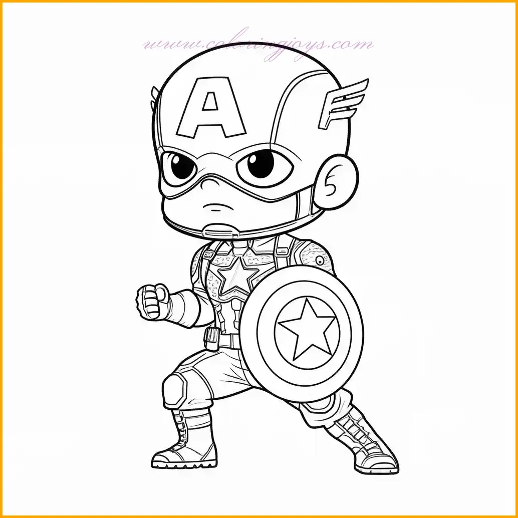 This coloring page features Captain America in an intense battle stance, showcasing his readiness to protect justice. Focus on his dynamic pose, highlighting the iconic colors of his suit and shield. Kids can experiment with shadowing techniques to add depth to his costume and vibrant details to his shield's design. For the background, use earthy tones to simulate a rugged battlefield, bringing the scene to life in every stroke.