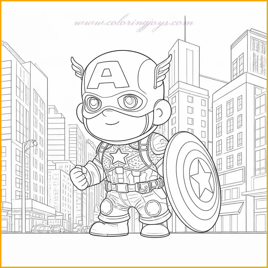 This stunning coloring page places Captain America against the backdrop of a bustling cityscape. His heroic stance and raised shield inspire creativity in adding details to his vibrant costume. Use rich tones of red, white, and blue for Captain America, and add contrasting shades of gray, blue, and yellow to depict the city buildings. The scene encourages an imaginative blend of colors to highlight the superhero's larger-than-life presence.