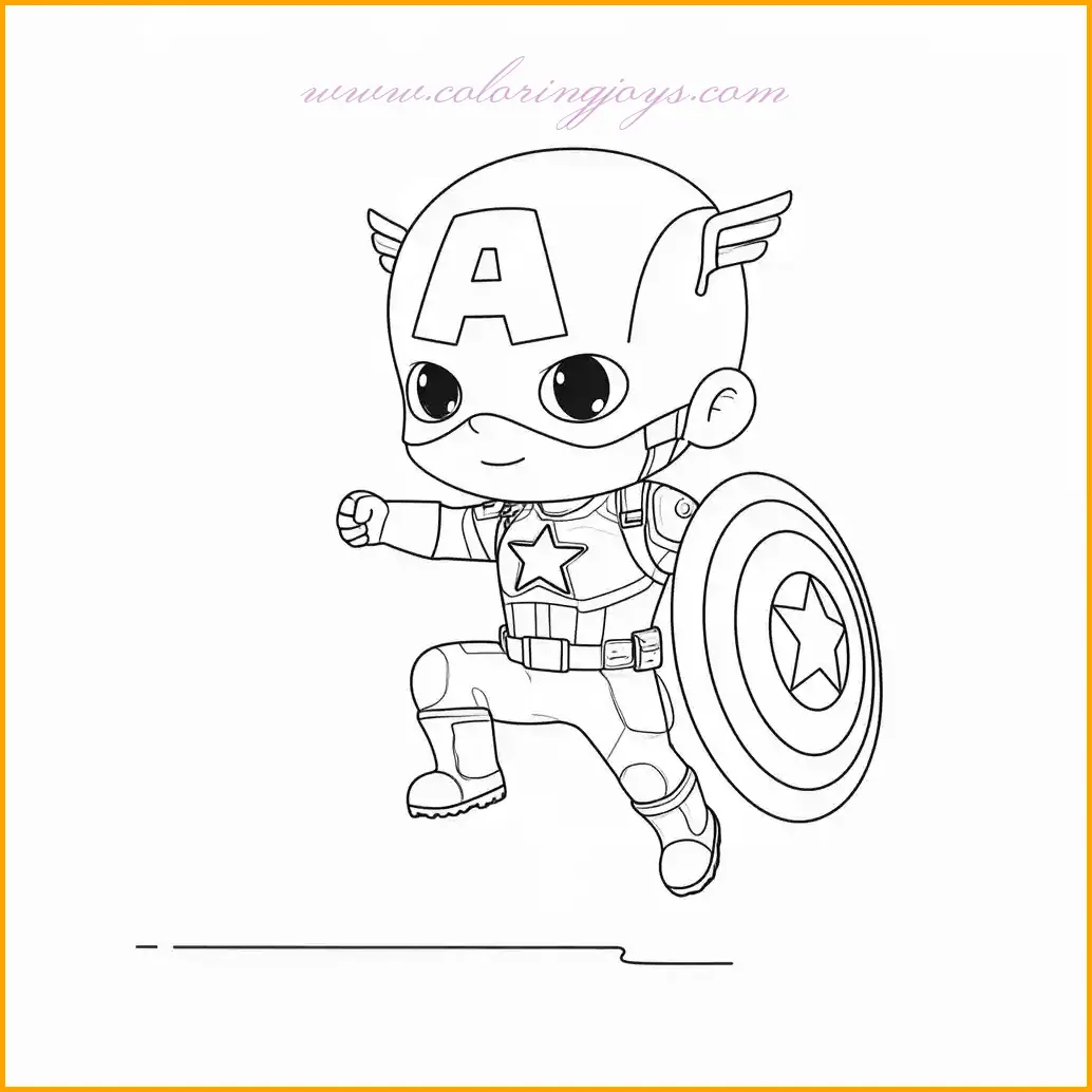 This action-packed coloring page showcases Captain America mid-jump, his shield ready for action. Perfect for adding a sense of motion, kids can use vibrant red, white, and blue for his suit while experimenting with shadowing to give depth to his pose. Color the shield with a bright white star and bold blue and red rings. Use a soft gradient for the background sky or a muted battlefield for added drama. Enhance your Captain America coloring pages collection with this energetic and engaging design.