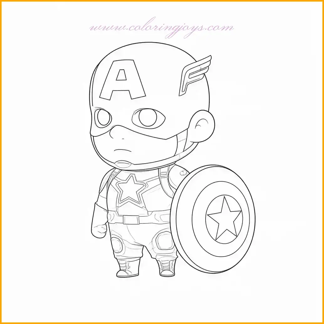 This coloring page captures Captain America’s fierce determination, emphasizing his heroic stance and signature shield. Bring his outfit to life with bold shades of red, blue, and white, ensuring the shield’s star design stands out. Use subtle gradients on his mask and suit to create depth and realism. A neutral-toned background can make Captain America’s vibrant colors pop. This page is a perfect choice for fans seeking creative and dynamic Captain America coloring pages.