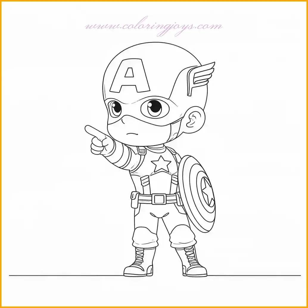In this scene, Captain America is pointing forward, inspiring courage and leadership. His iconic shield is prominently displayed, inviting young artists to focus on its intricate design. Use deep red, navy blue, and white for his suit, and a shining silver edge for the shield. Add a dynamic background with soft blues or grays to enhance the heroic theme. This page is a must-have for anyone building a vibrant collection of Captain America coloring pages.