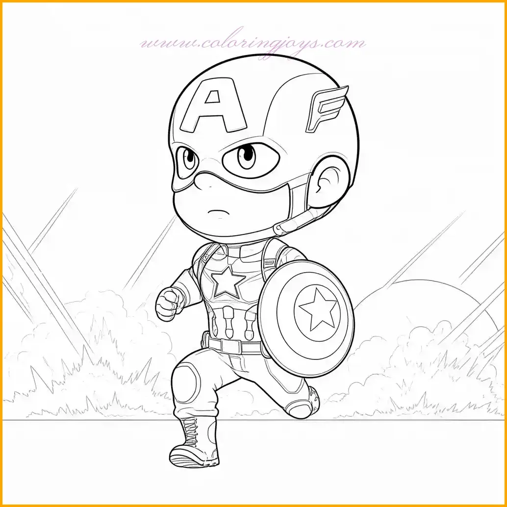 This thrilling coloring page depicts Captain America running into battle, his shield raised to protect and defend. Kids can explore bold primary colors for his costume, adding highlights to emphasize his movement and strength. The shield’s star-spangled design should shine brightly with crisp blue and white tones. Use earthy or smoky hues for the background to convey a battlefield setting. This is one of the most dynamic Captain America coloring pages, ideal for action-loving fans.