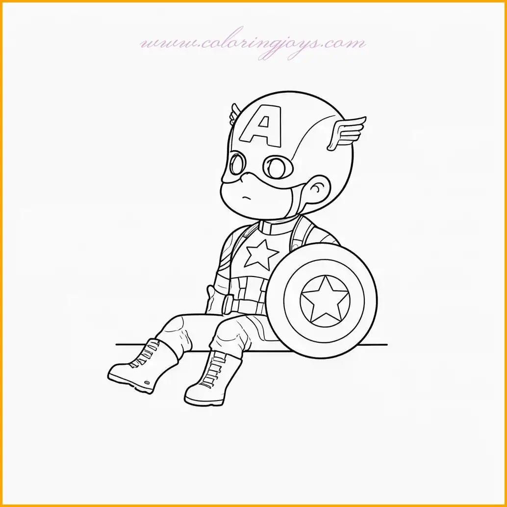 This unique coloring page shows a softer side of Captain America as he takes a moment to rest, leaning on his shield. His detailed costume offers an opportunity to color his vibrant red, white, and blue suit with precision. Add subtle shading to his shield’s star design for a polished look. The background can feature a peaceful setting with muted tones, allowing Captain America to remain the focus. Enhance your Captain America coloring pages collection with this thoughtful and relaxed depiction of the hero.