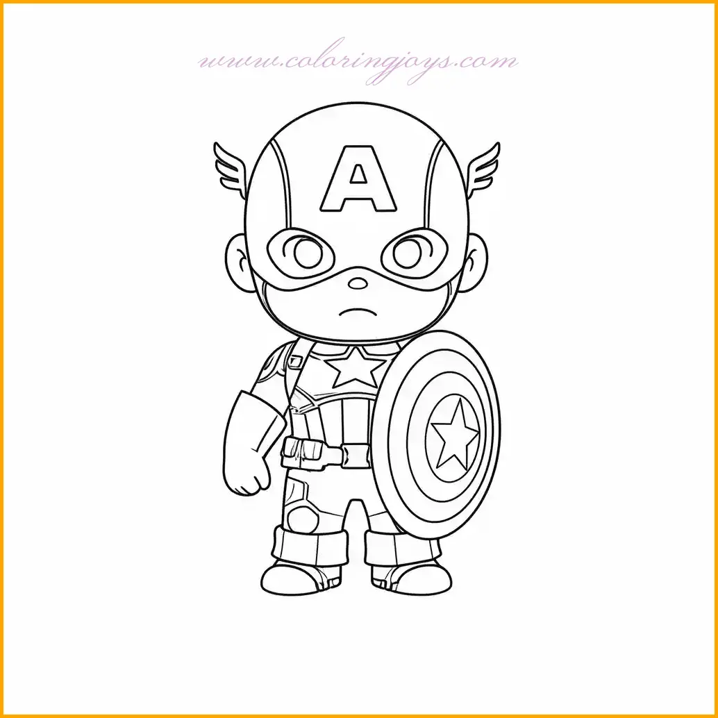 In this action-packed coloring page, Captain America raises his shield high in a powerful pose, symbolizing protection and strength. Kids can use rich red, white, and blue shades for his outfit, adding silver highlights to the shield’s edges and a bright white star in the center. The background can be filled with dynamic colors like soft blue skies or smoky gray tones for contrast. This is a must-have addition to any Captain America coloring pages collection for young Marvel fans.
