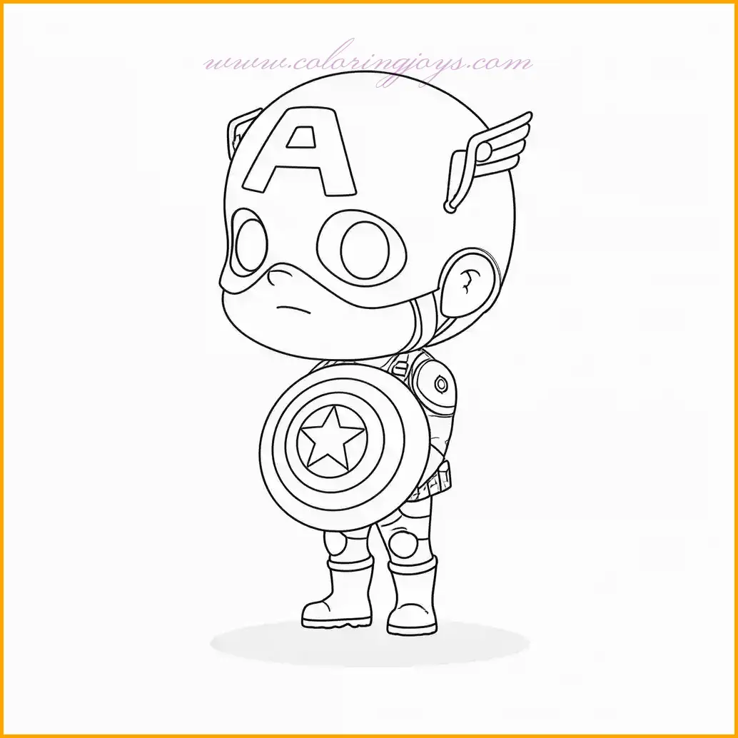 This detailed coloring page depicts Captain America proudly holding his iconic shield, ready to take on any challenge. His outfit’s intricate details allow for bold primary colors, with special attention to the star-studded shield design. Use gradients of red and blue for his costume to add depth and realism. The background can be kept simple with light grays or blues to highlight the hero. Enhance your collection of Captain America coloring pages with this classic and heroic depiction.