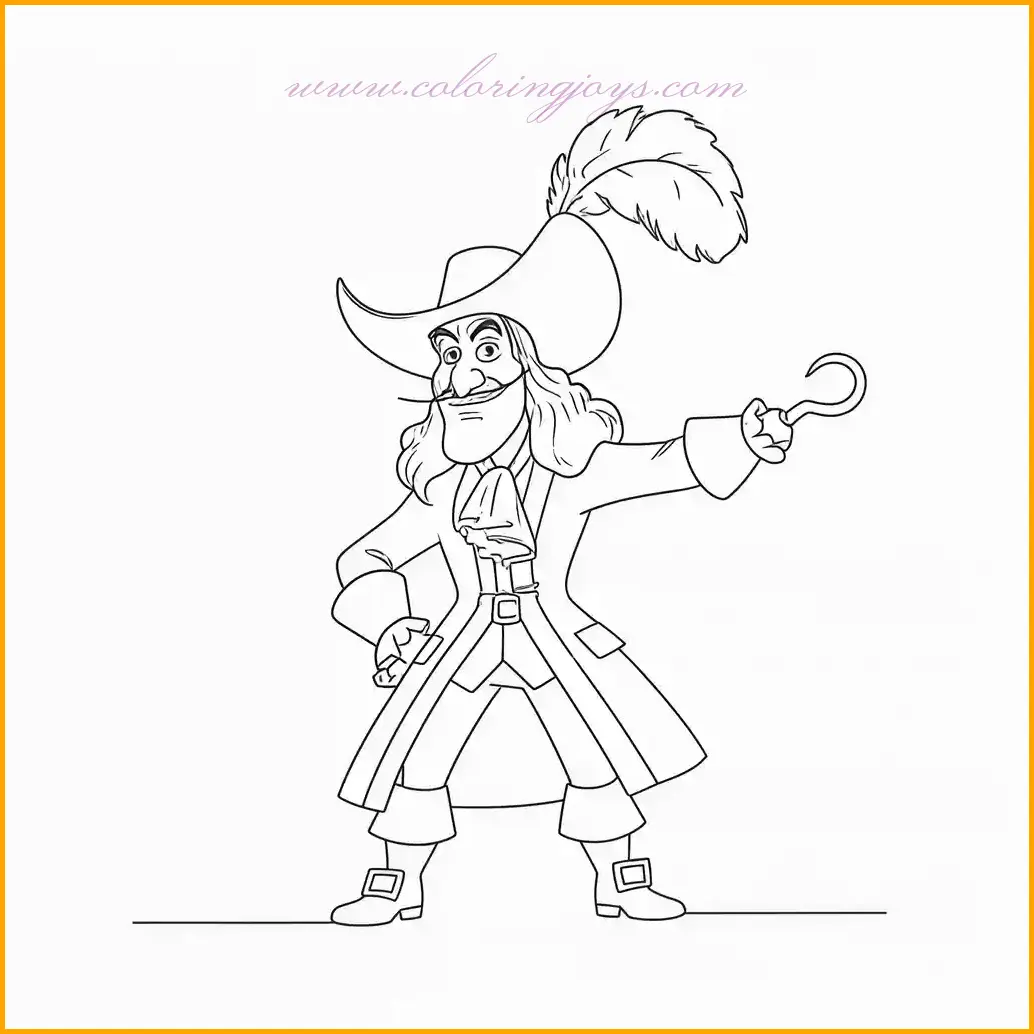 Disney’s infamous Captain Hook is in action, pointing dramatically with his signature hook. Bring this cunning pirate to life with deep red for his coat, gold accents for his hook, and a stormy blue background to emphasize the high seas. This coloring page encourages kids to explore bold colors and unleash their imagination in creating their own pirate adventure.