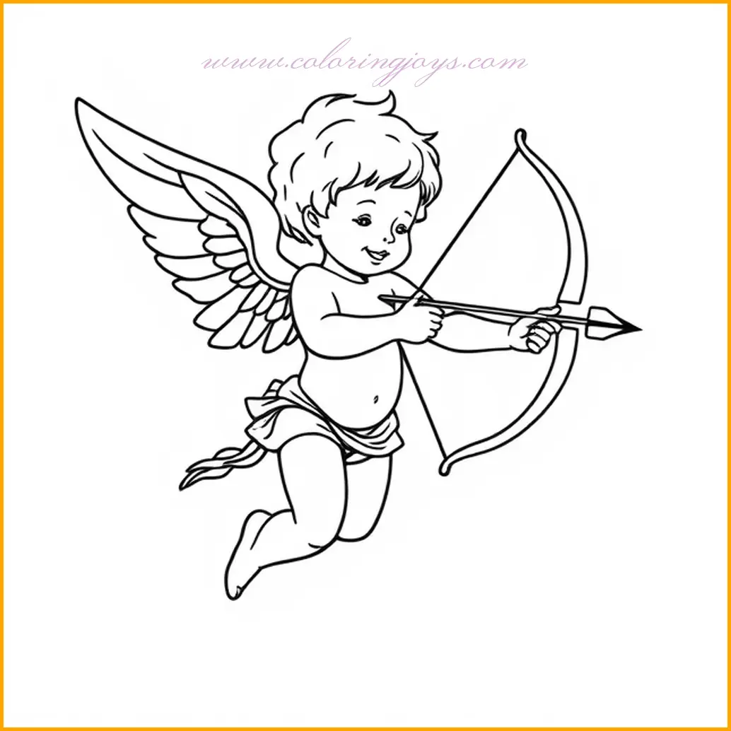 This cupid coloring page showcases a classic scene of cupid holding a bow and arrow, ready to spread love. His gentle expression and flowing sash add charm to the composition. Use soft skin tones for cupid’s body and a warm red for the sash to create contrast. The bow can be shaded in a wooden brown or elegant gold. Add intricate detail to the arrow by coloring the tip silver and the fletching a deep red. A soft gradient of pastel colors in the background can enhance the dreamy, romantic feel of this page.