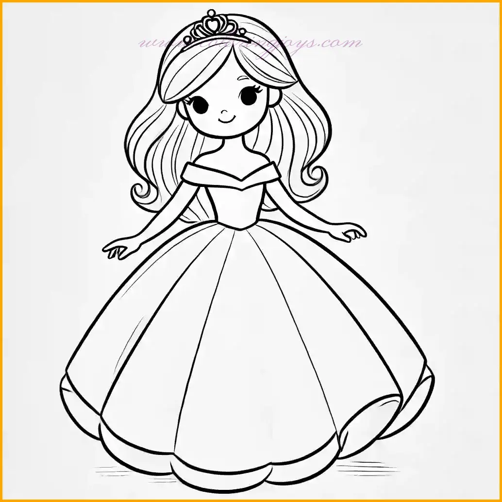 This coloring page highlights a graceful princess as the sole focus of the design. She is dressed in a plain, flowing gown and wears a small tiara, her lively and cheerful expression adding charm. With no background or extra details, the page is perfect for children to color easily. Add bright colors to her dress and soft shades to the tiara to make the princess stand out beautifully.