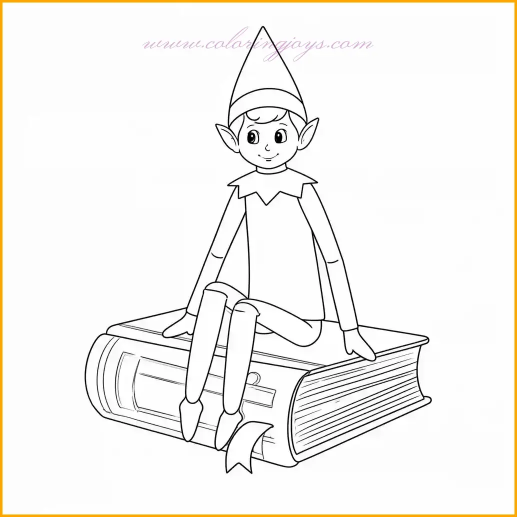 This unique page from elf on the shelf coloring pages features the Elf on the Shelf sitting atop a large book, showcasing its love for storytelling and adventures. Color the book in classic tones like deep red or green, with golden edges for a festive touch. The elf can be adorned in its traditional red and white outfit, with accents to match the holiday theme. Add a cozy background with a shelf or fireplace to complete the scene. This page invites creativity and imagination, perfect for coloring enthusiasts of all ages.