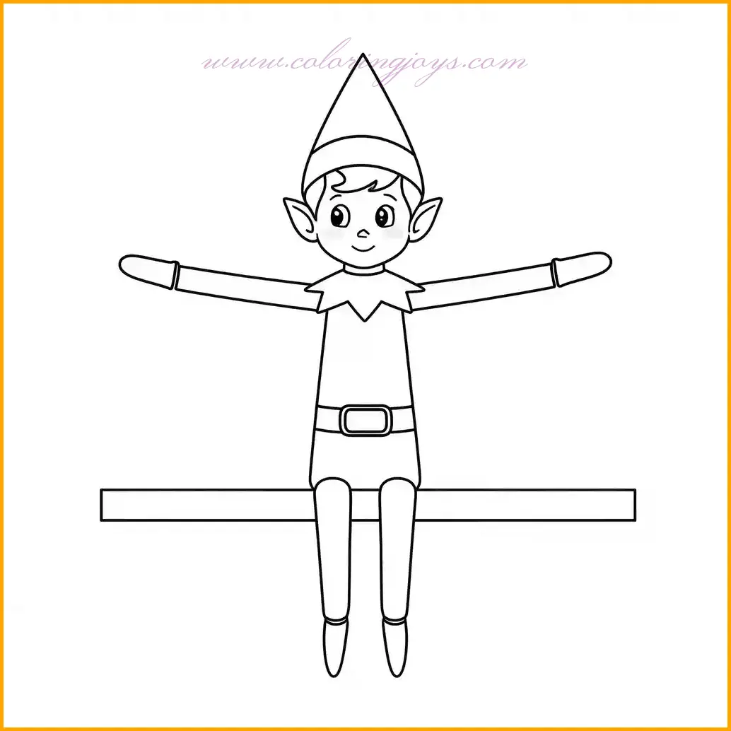 This playful scene from elf on the shelf coloring pages captures the Elf on the Shelf sitting on a ledge with its arms wide open, ready for holiday fun. Color the shelf in wooden tones or festive patterns like red and green stripes. The elf’s cheerful outfit can feature bright reds and whites, with accents to reflect the holiday spirit. Add a decorative background, such as hanging stockings or Christmas lights, to enhance the festive atmosphere. This coloring page is ideal for showcasing creativity while celebrating the joy of the holidays.