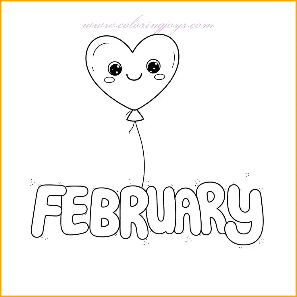 This charming February coloring page showcases a heart-shaped balloon floating high in a cloudy sky. The balloon has intricate patterns and a ribbon trailing below, giving it a whimsical touch. Color the balloon in vibrant shades of red, pink, or purple to symbolize love and joy. The ribbon can be adorned with metallic tones such as silver or gold. Use soft hues like baby blue or white for the sky, and add a splash of light gray to the clouds for a realistic finish. This February coloring page is an uplifting representation of love and hope, perfect for artistic exploration.