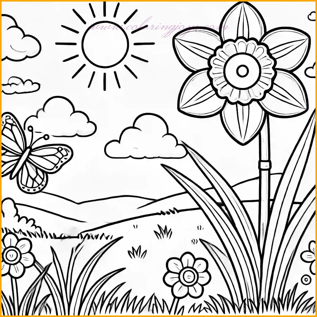 This charming coloring page from the "garden flowers coloring pages" series features a single daffodil standing tall in a serene garden scene. The daffodil has a trumpet-shaped bloom and long, slender leaves, making it perfect for coloring with shades of yellow and green. The background includes a grassy field under a bright, sunny sky with fluffy clouds. A butterfly flutters near the flower, adding a delightful detail to the illustration. Use green for the grass and leaves, blue for the sky, and white for the clouds. The butterfly can be colored in vibrant shades like orange, purple, or blue to create a lively touch. With its large open spaces, simple design, and bold outlines, this page is ideal for kids to enjoy a fun and relaxing coloring activity while exploring the beauty of garden flowers.