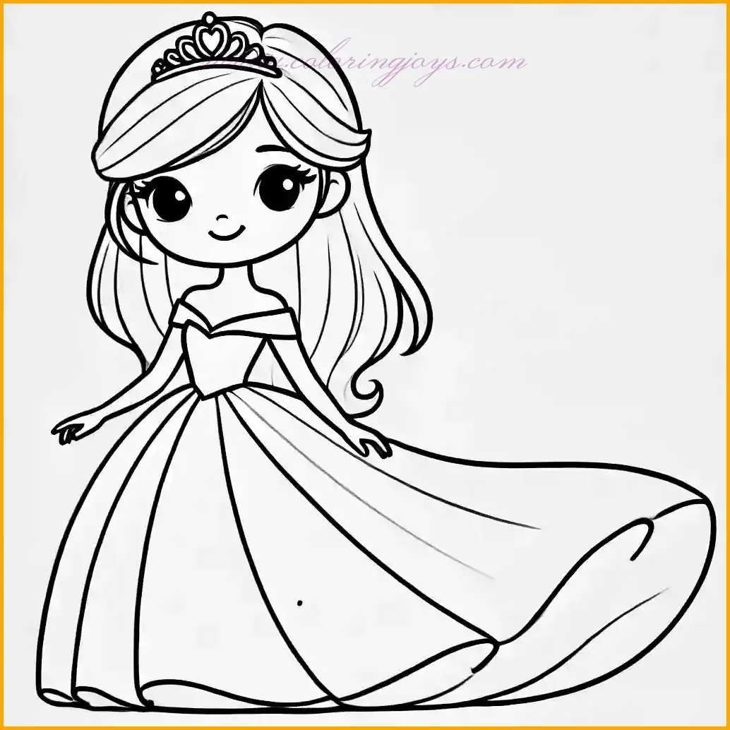 This coloring page features a beautiful and graceful princess, standing elegantly in a plain flowing dress that emphasizes her charm. She wears a small tiara atop her head, symbolizing her royalty, and her warm smile adds a touch of liveliness to the image. The absence of a background ensures that all focus remains on the princess, making it an ideal design for children to color with ease. The simple lines and large spaces encourage creativity, allowing young artists to experiment with bright and soft colors to bring the princess to life. This minimalist design is perfect for creating a vibrant and enchanting picture.