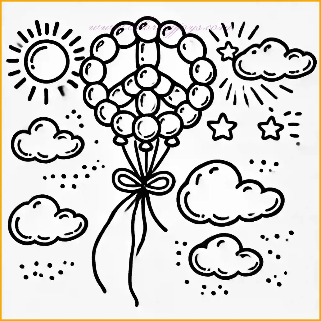 This peace coloring page features a creative peace sign made of balloons tied together, floating high in the sky. The background includes fluffy clouds and a bright, cheerful sun. The bold outlines and large open spaces make it easy for kids to color. Use vibrant colors like red, blue, green, and yellow for the balloons, soft blue for the sky, and bright yellow for the sun. The clouds can remain white or be lightly shaded in gray or blue. This delightful design is perfect for inspiring creativity and celebrating peace in a fun way!
