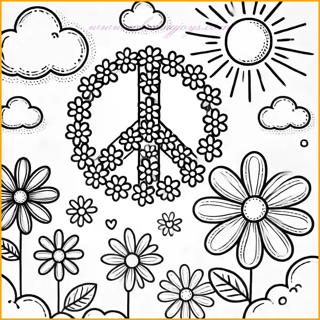 This peace coloring page features a large peace sign beautifully made of flowers, set against a sunny sky with fluffy clouds. The flowers are simple and large, making them easy and fun to color. The outlines are bold and clear, with large open spaces perfect for young artists. Use bright and cheerful colors such as red, yellow, and pink for the flowers, and green for their leaves. The sky can be light blue, while the sun shines brightly in yellow or orange. This delightful design spreads a message of peace and joy through creativity!