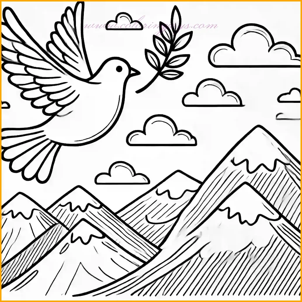 This calming coloring page features a peace dove in flight, holding an olive branch in its beak. The background includes a few soft clouds and stylized mountain peaks, drawn with simple lines and large open spaces to keep the design easy and approachable. Children can use white or gray tones for the dove, green for the olive branch, and shades of blue and gray for the mountains and sky. The minimalistic style ensures an enjoyable and creative coloring experience for kids.