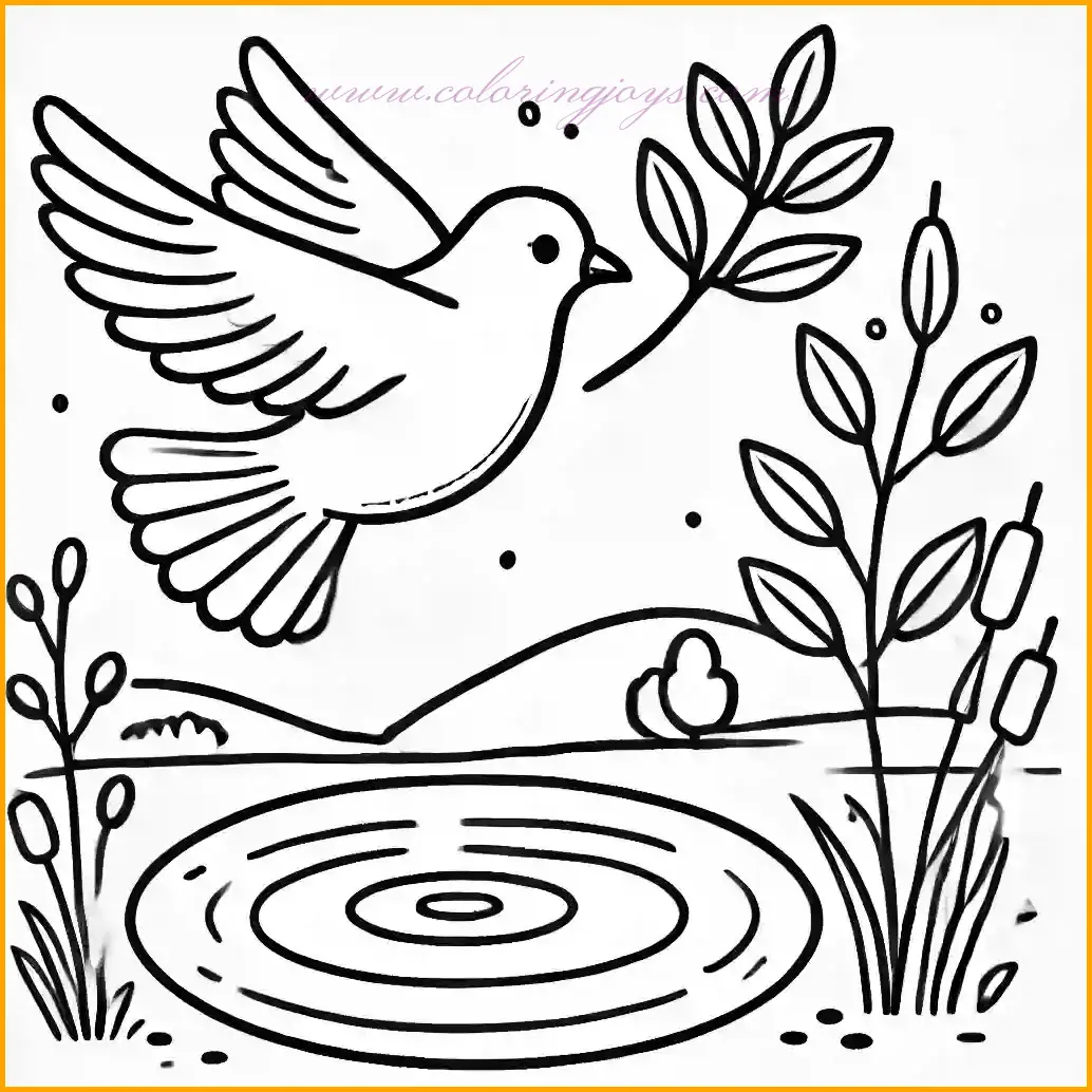 This peaceful coloring page features a dove in flight, holding an olive branch in its beak. Below the dove is a small pond with gentle ripples and a few reeds at the edge. The dove is drawn with soft, smooth lines and open wings, making it simple and enjoyable to color. Children can use white or gray for the dove, green for the olive branch and reeds, and light blue for the water. The design’s spacious and minimalist approach ensures a calm and creative coloring experience.