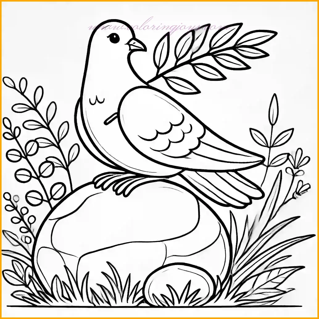 This delightful coloring page features a peace dove sitting peacefully on a large rock while holding an olive branch in its beak. The dove is drawn with smooth lines and broad open areas, making it easy for children to color. Surrounding the rock are simple flowers and blades of grass, adding charm to the scene without overwhelming details. Kids can use white or gray for the dove, green for the olive branch and grass, and light colors for the flowers. The minimalistic design encourages creativity and provides a relaxing coloring experience.