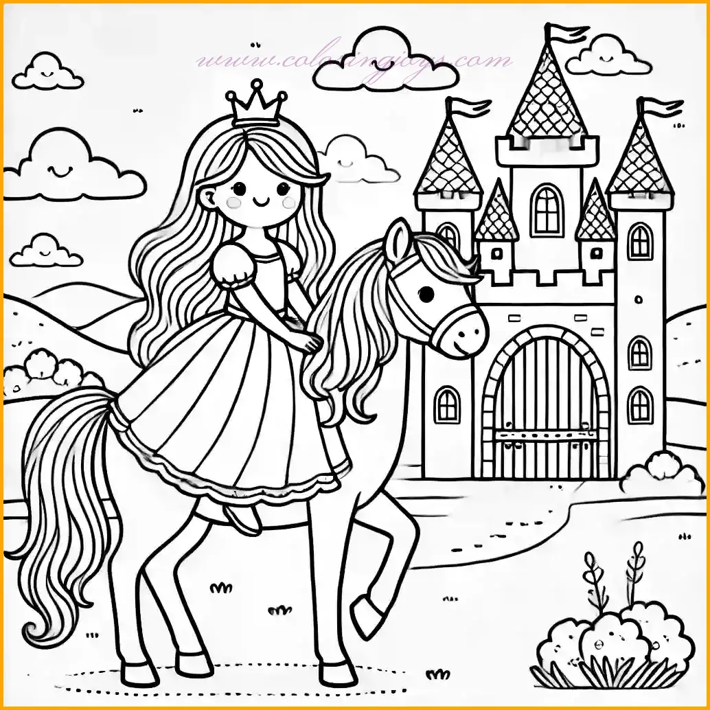 This charming coloring page features a princess riding a graceful horse near a majestic castle. The princess wears a flowing gown and a small crown, her cheerful expression adding to the magical feel. The horse is drawn with simple yet elegant features, perfect for easy coloring. In the background, the castle with tall towers and a large gate is set against rolling hills and fluffy clouds. Use vibrant colors for the princess’s attire, soft browns for the horse, and natural tones for the castle and scenery to bring this delightful image to life.